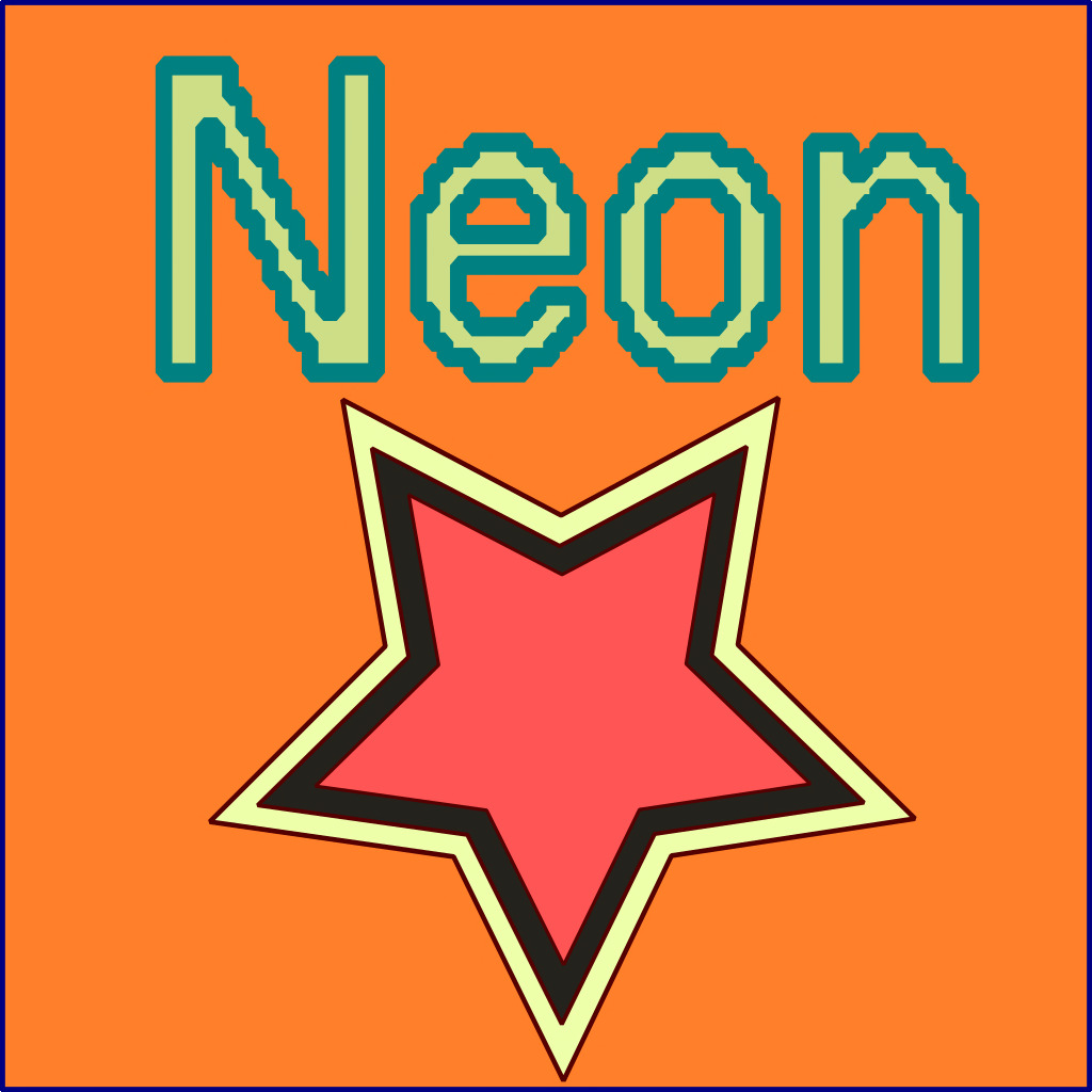 Text "Neon" in a pixelated font above a five-pointed star with a red center and a black outline, all on an orange background.