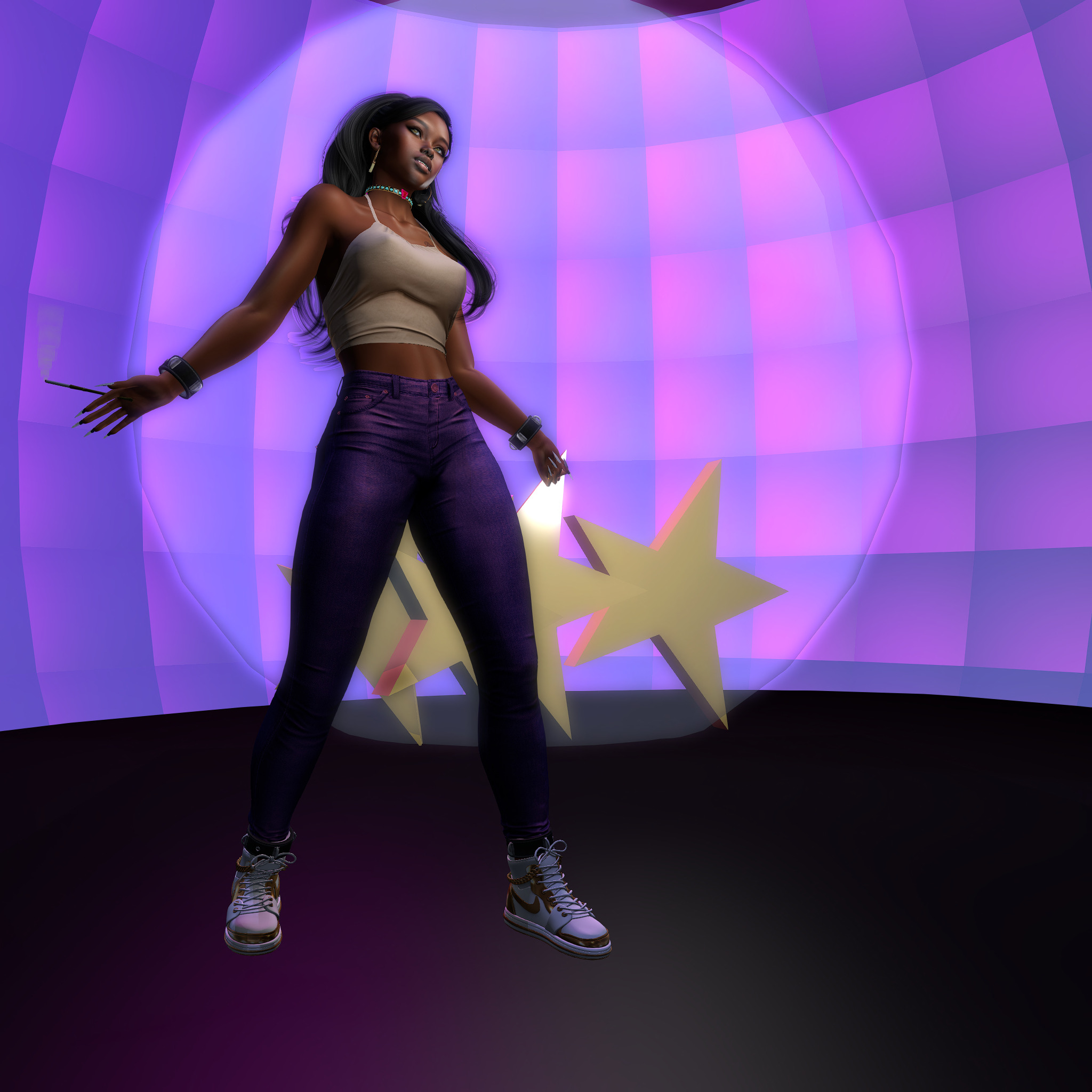 A person with long dark hair stands in a dynamic pose against a colorful, purple and pink background. They are wearing a beige crop top, dark jeans, and high-top sneakers, with stars in the background.