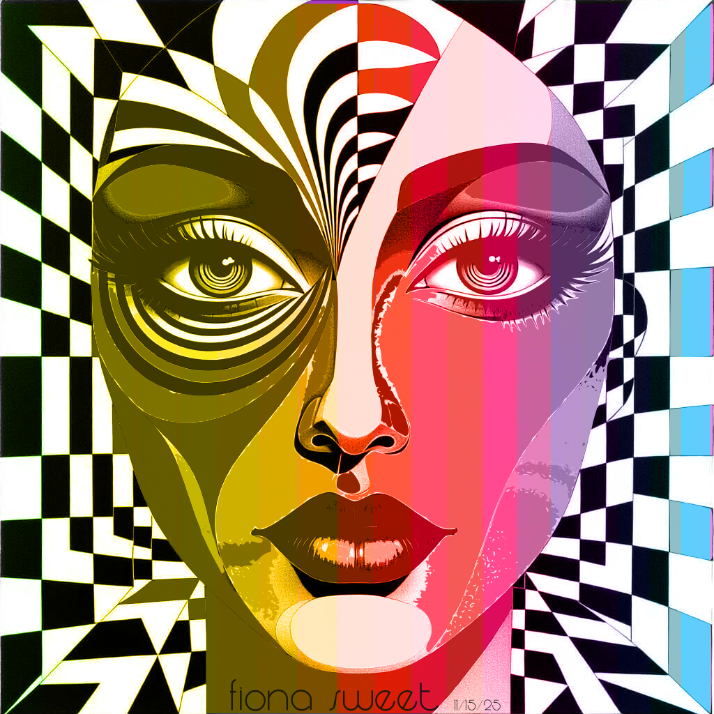 A split-faced digital art portrait. The left side is rendered in tones of yellow and olive green featuring a spiral eye, while the right side is rendered in pink and red gradients. The background is a warped black-and-white checkerboard pattern that creates a 3D optical illusion. Signed 'Fiona Sweet 11/15/25'.