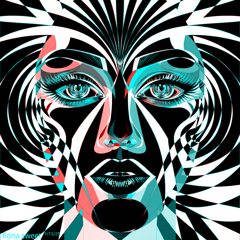 A bold, symmetrical portrait in black, white, and teal. The face is framed by petal-like shapes that curve around the eyes and cheeks, creating an optical illusion of depth. The eyes are wide and detailed with spiral irises, set against a background of radiating, curved stripes. Signed 'Fiona Sweet 11/15/25'.