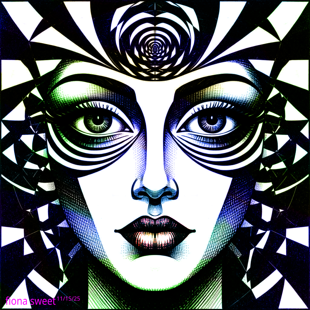 A symmetrical graphic portrait in striking black, white, and electric green. The face features large, stylized eyes with hypnotic spiral pupils and thick lashes. Above the forehead is a geometric rose-like spiral design. The background is a sharp mosaic of black and white triangles. Signed 'Fiona Sweet 11/15/25'.