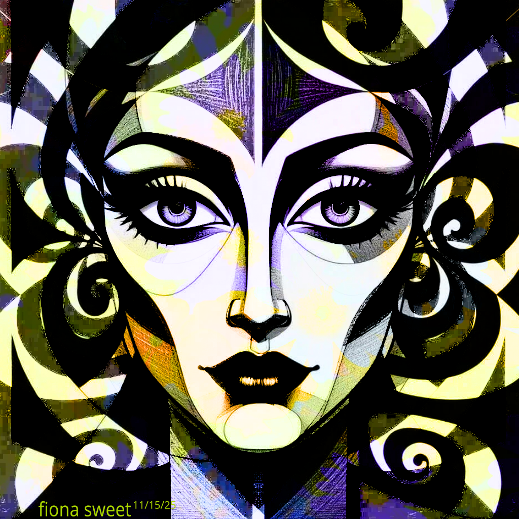 A graphic portrait featuring piercing purple eyes. The face is framed by thick, swirling black shapes against a background of white and pale yellow segments, giving the appearance of modern stained glass or ink illustration. Signed 'Fiona Sweet 11/15/25'.