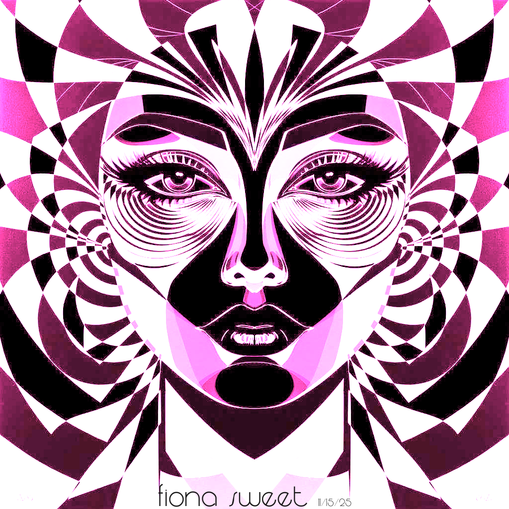 A symmetrical, graphic portrait in shades of bright pink, black, and white. The face is composed of sharp geometric shapes and sweeping curves, with eyes that have intricate, radiating iris patterns. The background features concentric circles and checkered patterns expanding outward. Signed 'Fiona Sweet 11/15/25'.