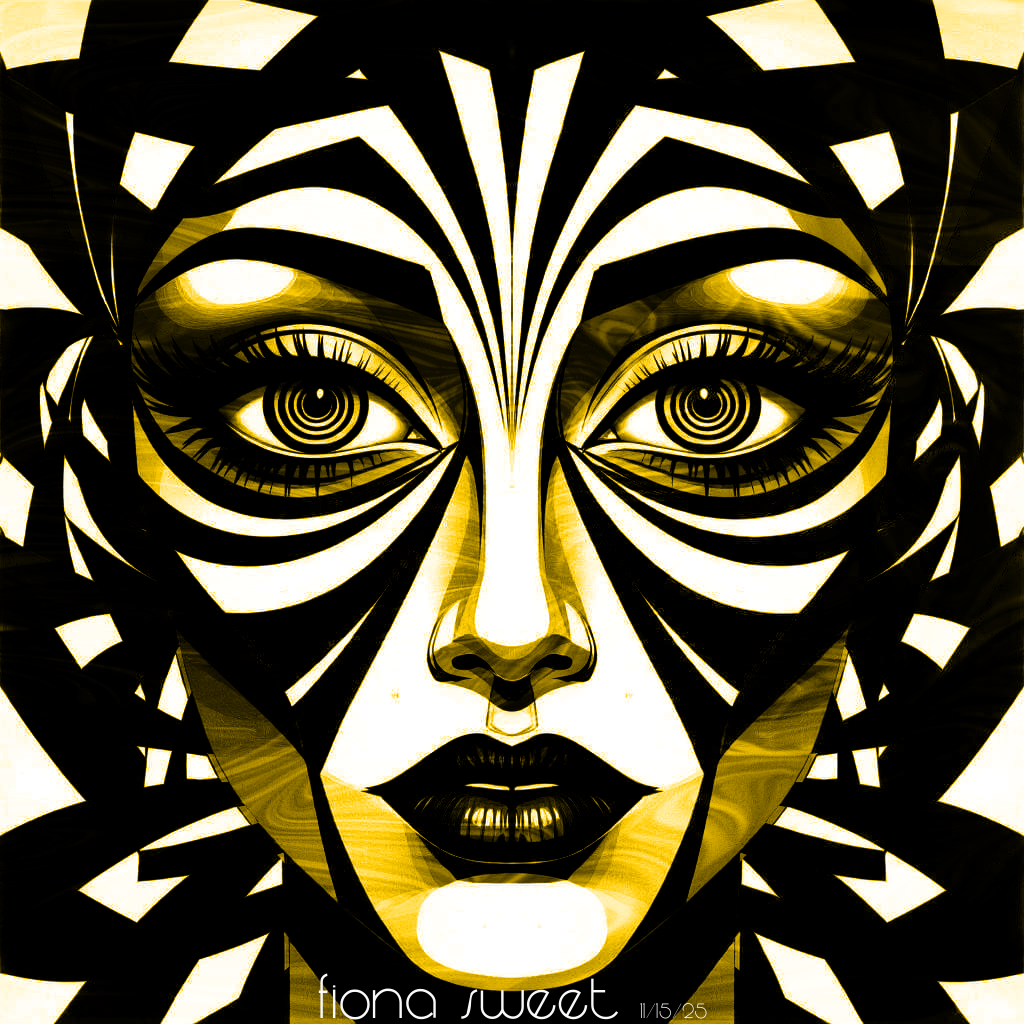 A monochromatic gold and black graphic portrait with an Art Deco aesthetic. The face is defined by bold, black curving stripes, and the eyes feature distinct hypnotic spiral pupils. The background consists of sharp, shattered geometric shapes in black and white. Signed 'Fiona Sweet 11/15/25'.