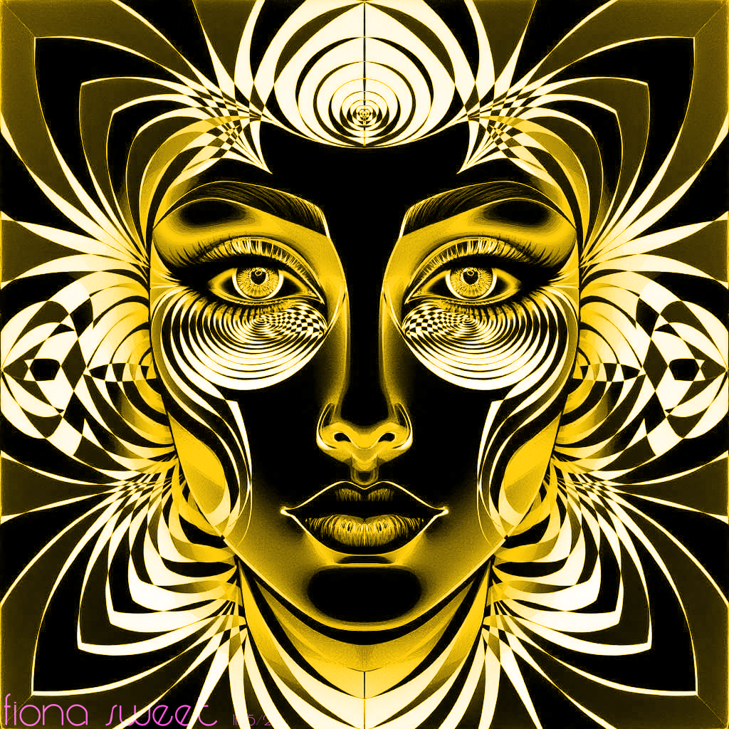 A psychedelic yellow and black portrait. The subject has intense, detailed eyes, but the skin beneath them morphs into warped, liquid-like checkerboard grids. The face is framed by radiating, petal-like abstract shapes creating a vibration effect. Signed 'Fiona Sweet 11/15/25'.