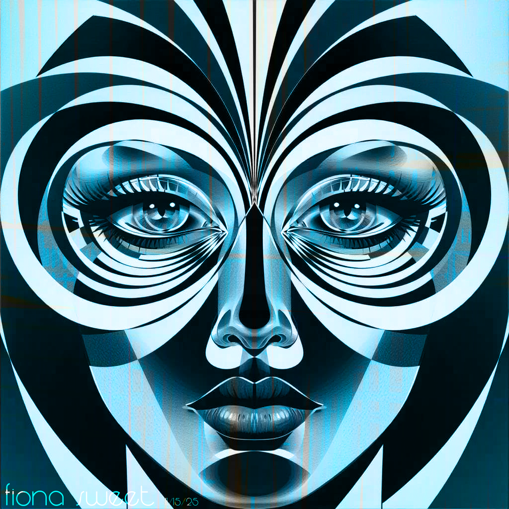 A smooth, symmetrical digital portrait in shades of cyan blue and black. The face is constructed from sweeping, vector-like curves and arches that form the hair and cheekbones. The eyes are realistic but framed by stylized, tube-like lines. Signed 'Fiona Sweet 11/15/25'.