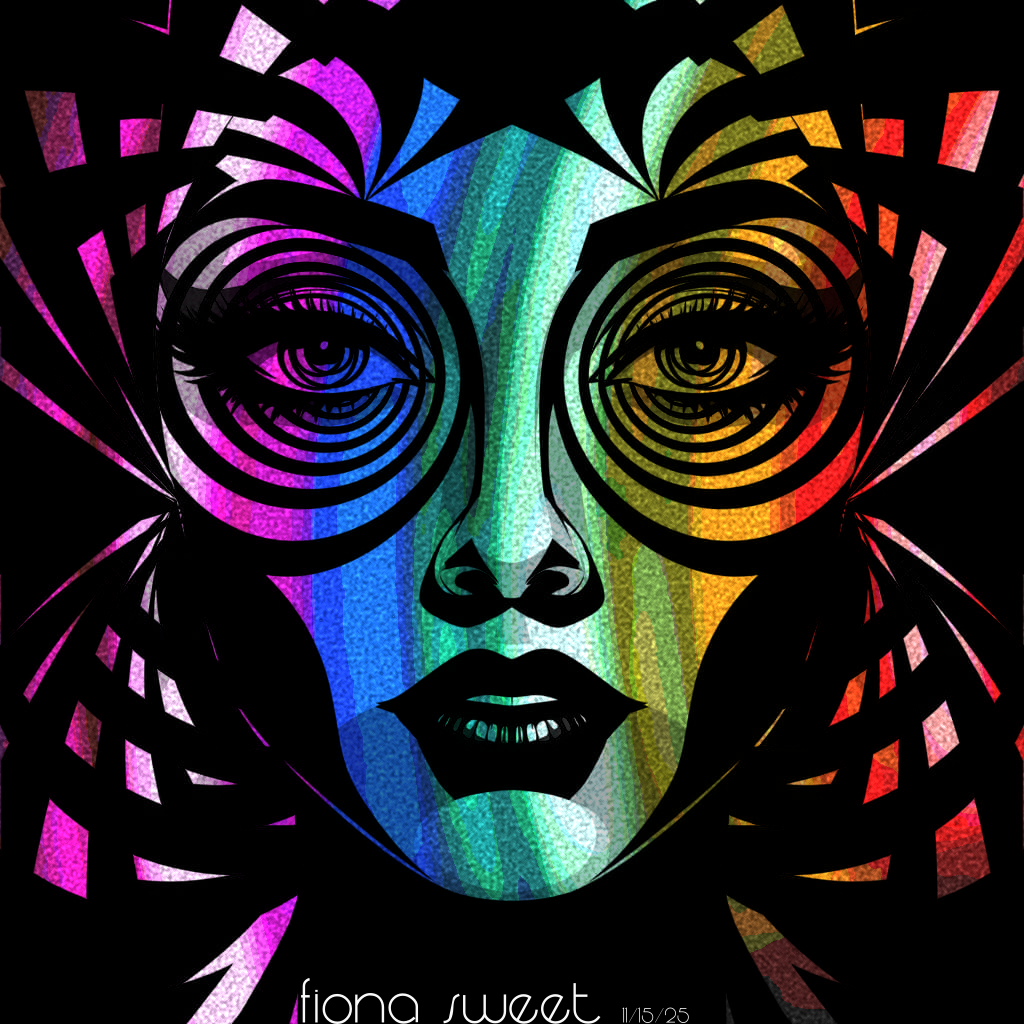 A stylized face glowing with a rainbow gradient of purple, blue, green, and red against a black background. The eyes are large concentric spirals, and the skin has a textured, brush-stroke appearance. Geometric shards radiate outward from the head. Signed 'Fiona Sweet 11/15/25'.