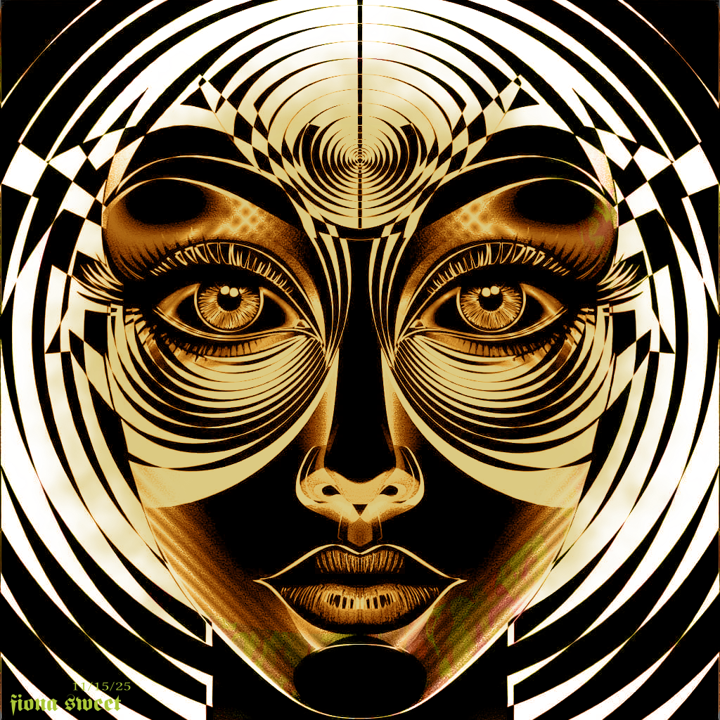 A sepia and bronze-toned illustration constructed from fine, concentric lines, creating an optical interference effect. A spiral design sits on the forehead like a third eye, and the face seems to emerge from the vibrating background lines. Signed 'Fiona Sweet 11/15/25'.